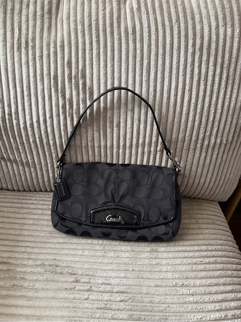 Coach Black Signature Satin Shoulder Bag with Logo Plaque